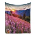 thumbnail image 1 of Countryside Soft Flannel Fleece Throw Blanket, Idyllic Spring Meadow on the Mountains with Flowers Rural Sunrise Landscape, Cozy Plush for Indoor and Outdoor Use, 70" x 90", Pink Blue, by Ambesonne, 1 of 6