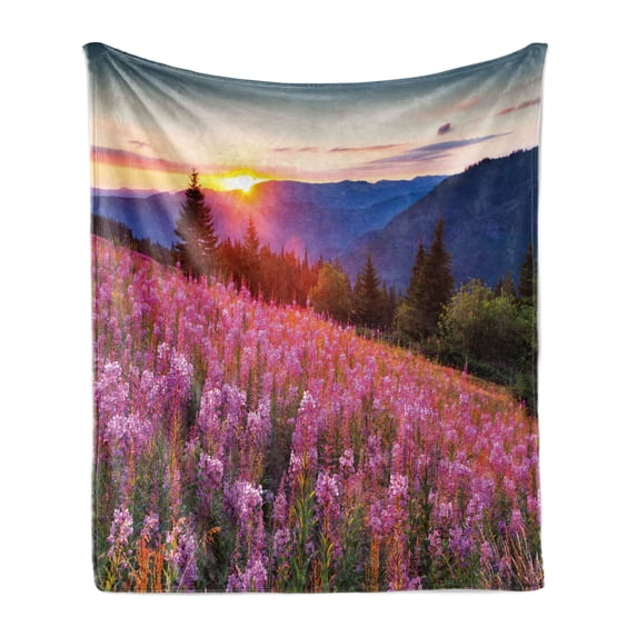 Countryside Soft Flannel Fleece Throw Blanket, Idyllic Spring Meadow on the Mountains with Flowers Rural Sunrise Landscape, Cozy Plush for Indoor and Outdoor Use, 70" x 90", Pink Blue, by Ambesonne