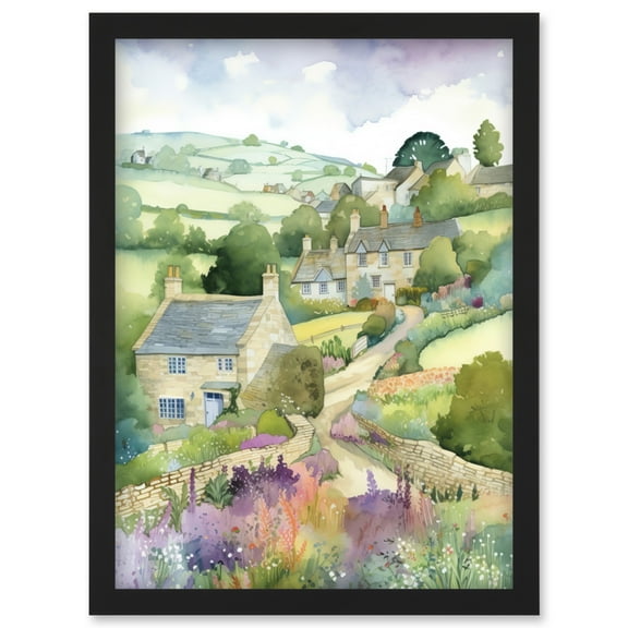 Countryside Spring Landscape with Cottages Modern Watercolour Painting Artwork Framed Wall Art Print A4