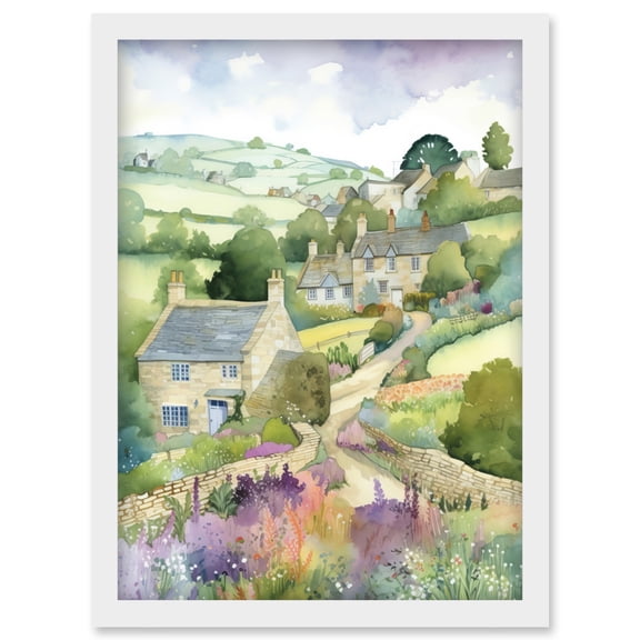Countryside Spring Landscape with Cottages Modern Watercolour Painting Artwork Framed Wall Art Print A4