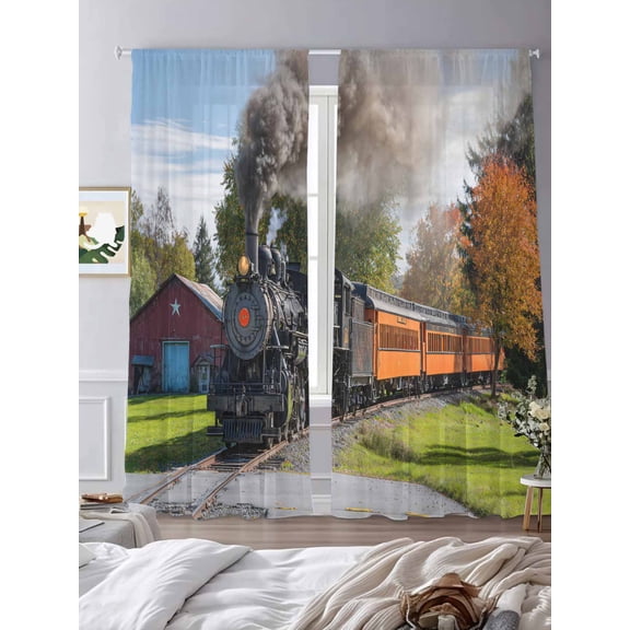 Countryside Steam Train Sheer Curtains 2 Panels Set Farm Scenery Lihgt Filtering Rod Pocket Voile Drape,Semi Sheer Window Curtains for Bedroom Living Room,52"x84"