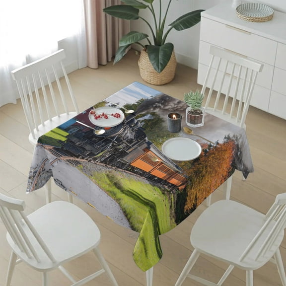 Countryside Steam Train Table Cloth 54x54in, Waterproof Square Tablecloth Wipeable Tablecloths Farm Scenery Table Covers for Dining Tables Party Indoor Outdoor