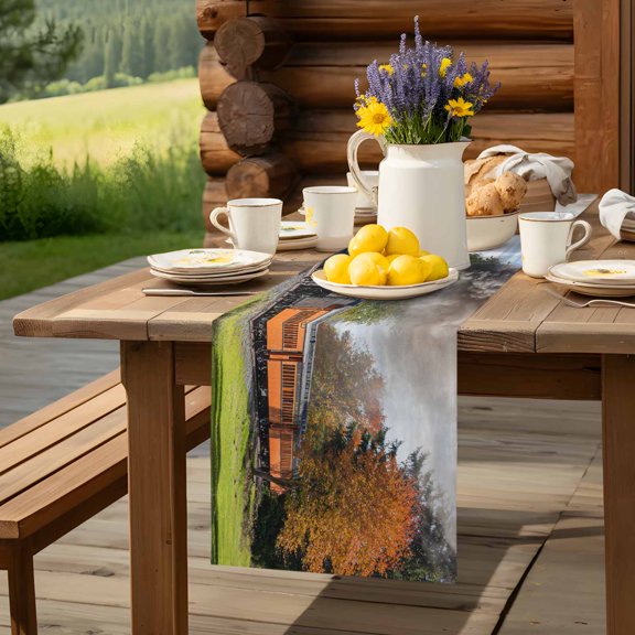 Countryside Steam Train Table Runner 13x48in Non-Slip Cotton Linen Table Runners, Farm Scenery Dresser Scarves TableRunner for Dinner Kitchen Dining Wedding Party