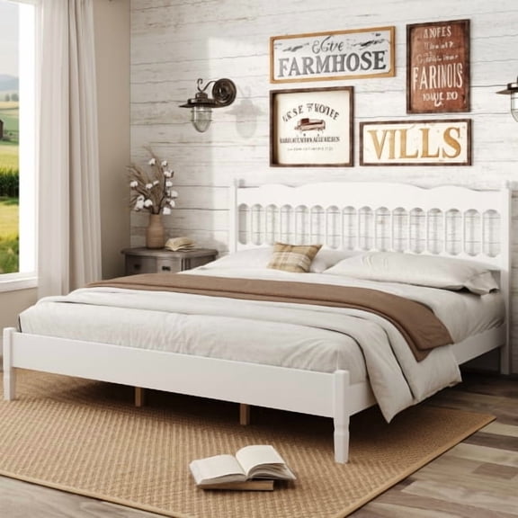Countryside Style King Size Wooden Bed Frame with Spindle Headboard, Heavy-Duty Platform Bed with Slats Support, No Box Spring Required, for Bedroom, White