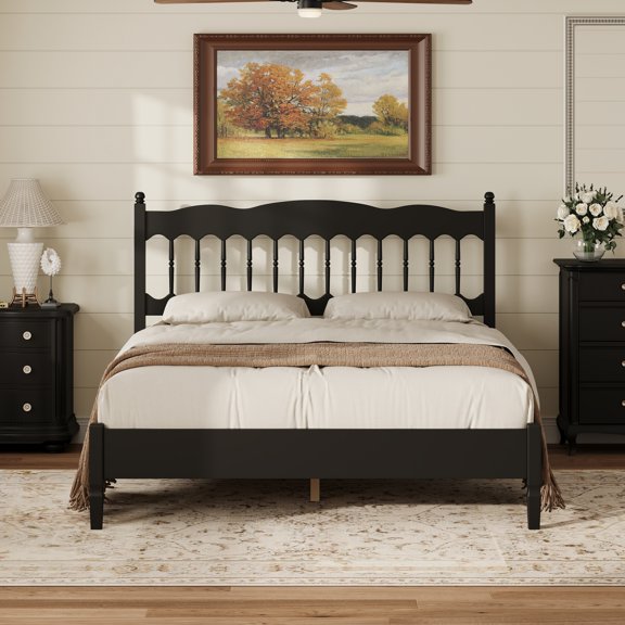 Countryside Style Queen Size Bed Frame with Spindle Headboard,Heavy-Duty Platform Queen Bed Frame with Slats Support,No Box Spring Required,Easy Assembly,Black