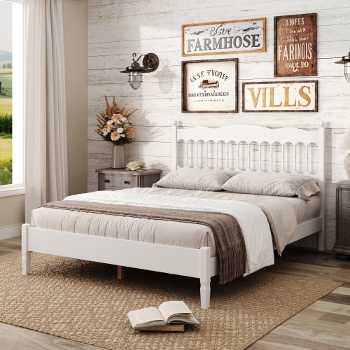 Countryside Style Queen Size Wooden Bed Frame with Spindle Headboard, Heavy-Duty Platform Bed with Slats Support, No Box Spring Required, for Bedroom, White