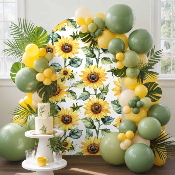 Countryside Sunflowers Arch Backdrop Cover, 4FT, Leaf Vintage Watercolor Flower Field Spandex Arch Covers Double-Sided Backdrop for Wedding Birthday Party Photo Background Decoration