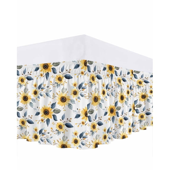 Countryside Sunflowers Bed Skirt King Size 16" Drop Watercolor Floral Leaf Pastoral Ruffled Wrap Around Bed Skirts Adjustable Elastic Bedskirt Dust Ruffle for King Size Bed