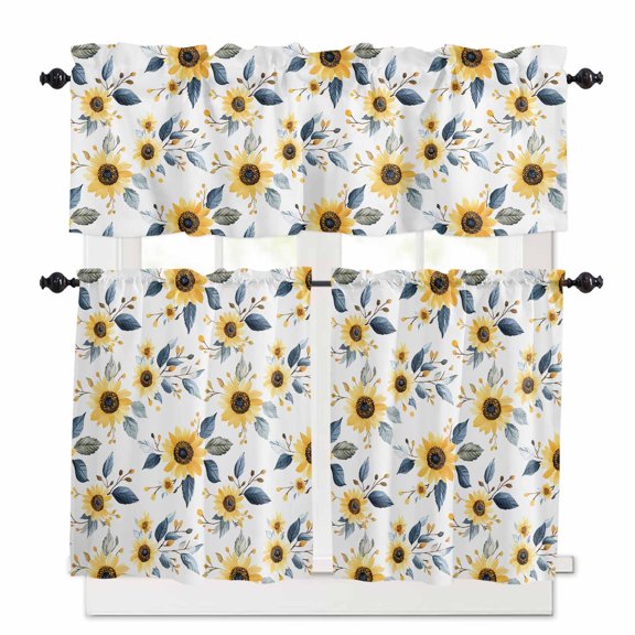 Countryside Sunflowers Kitchen Curtains and Valances Set, Watercolor Floral Leaf Pastoral Rod Pocket Window Valance 18 Inch Window Curtain Panels for Living Room Bedroom Laundry, 27.5x24in, 3 Pieces
