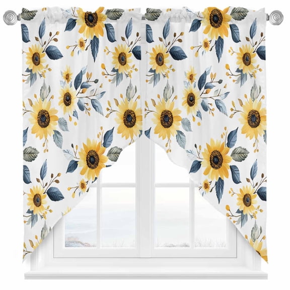 Countryside Sunflowers Swag Valances for Windows 2 Pack Watercolor Floral Leaf Pastoral Swag Kitchen Curtains 63 Inches Long Rod Pocket Short Window Treatment for Kitchen Bathroom 36"x63"