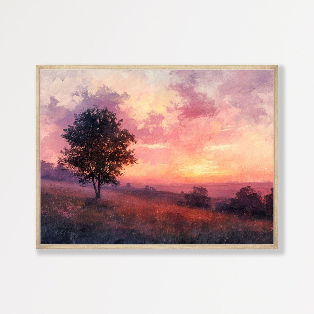 Countryside Sunset Painting, Retro Landscape Wall Art, Minimal Vintage