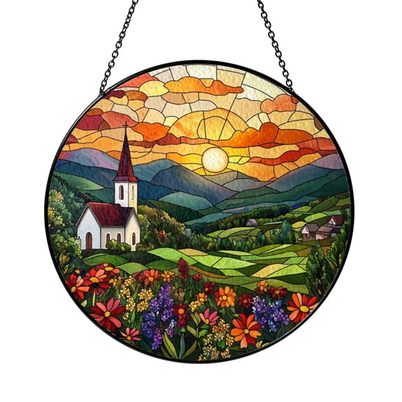Countryside Sunset Stained Glass Window Panel – Decorative Accent