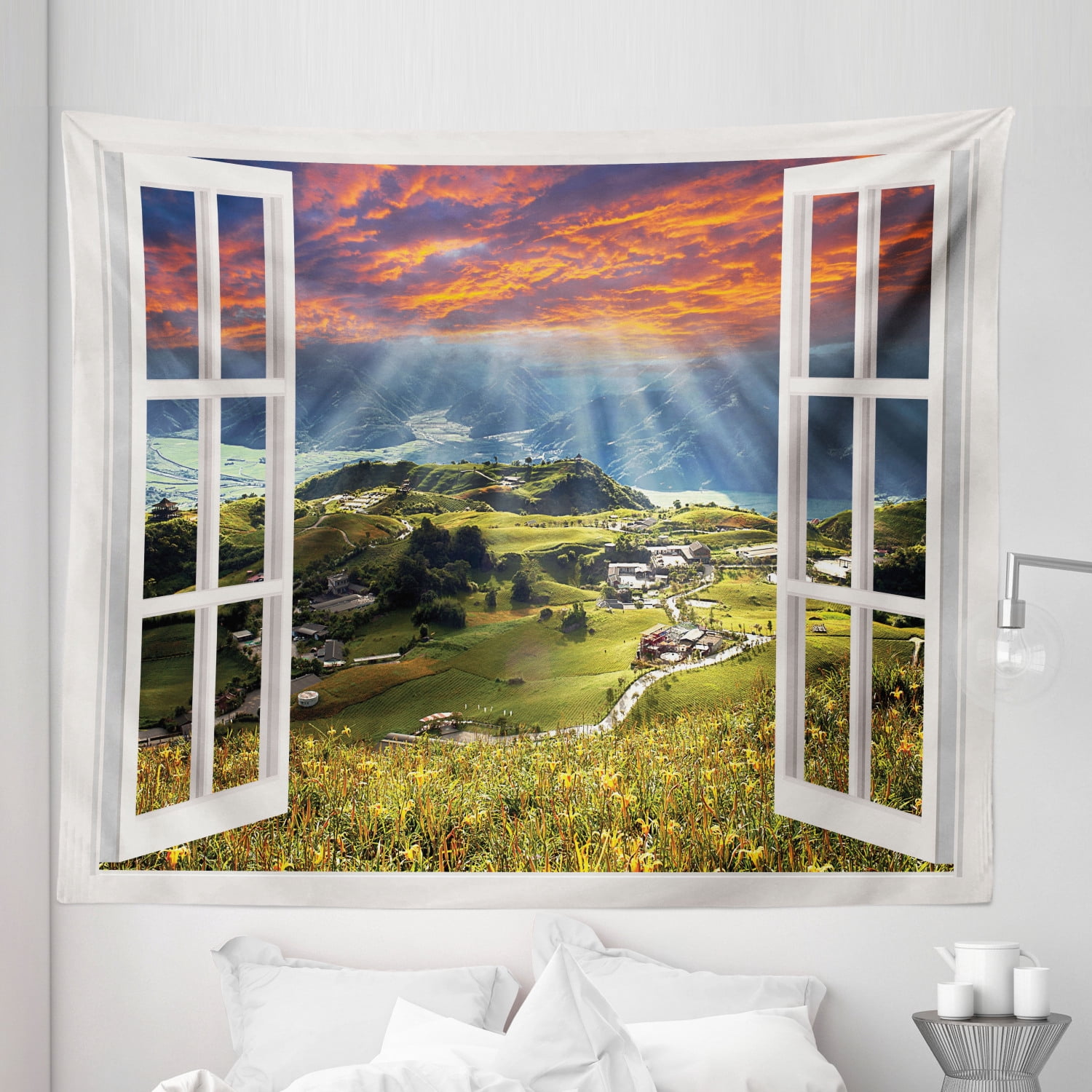 Countryside Tapestry, Sunrise over Mountains Rural Village Scene ...