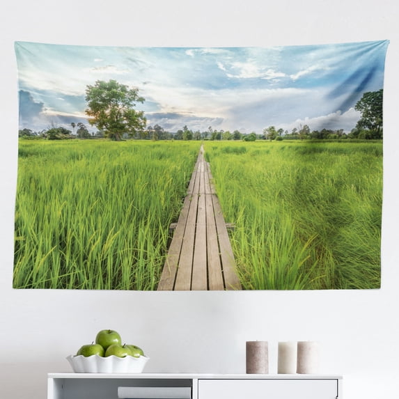 Countryside Tapestry, Wooden Boardwalk in Forest Wilderness Getaway Footpath Summertime Hike, Fabric Wall Hanging Decor for Bedroom Living Room Dorm, 2 Sizes, Orange Green Brown, by Ambesonne