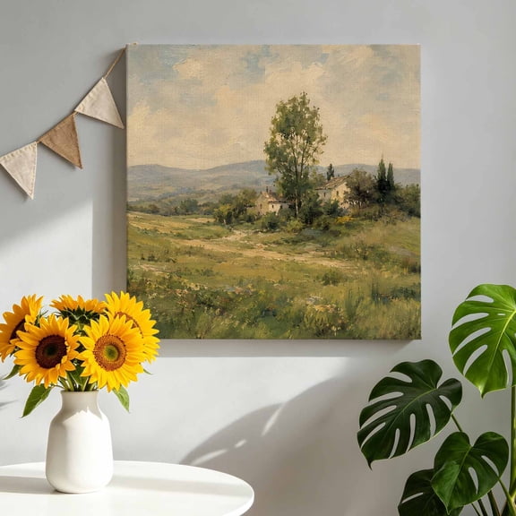 Countryside Tree Canvas Wall Art, Rustic Green Pastoral Oil Painting Landscape Framed Canvas Wall Decor Picture Print Artwork Decorations for Living Room Office Ready to Hang 8" x 8"