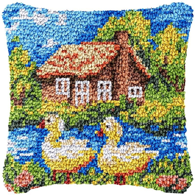 Countryside View Duck Latch Hook Pillow Cover Kits for DIY Handmade Throw Pillow Cross Stitch Latch Hook Pillowcase Rug Kits with Preprinted Color Pattern Canvas Crochet Yarn Kits 17''X 17''(ch85)