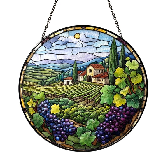 Countryside Vineyard Stained Glass Suncatcher Window Decor, Grape Vine and Farmhouse Pathway Glass Panel Art, Rural Vineyard Landscape Window Decoration, Farm Sun Catcher Ornament for Living Room