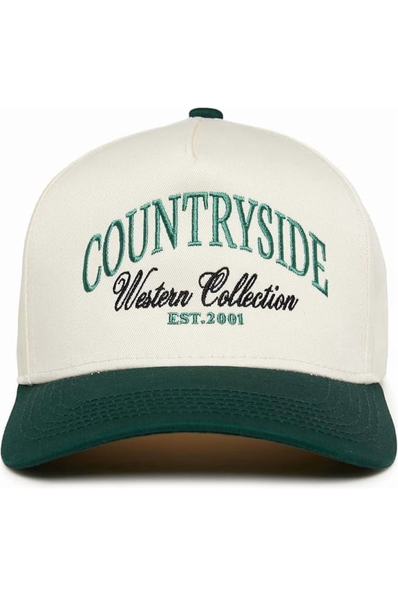 Trucker Hat – Vintage Snapback Baseball Cap with Embroidered Design - Countryside Western Collection - Green/Beige