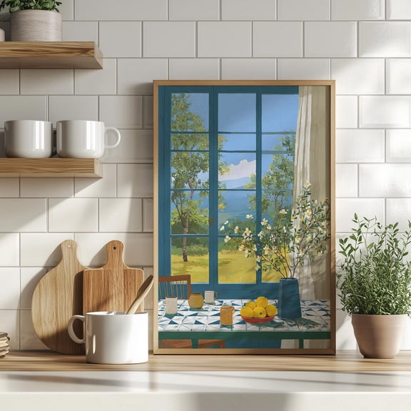 Countryside Window View Wall Art, Rustic Dining Room Landscape Decor, Stretched Canvas Size 12x18