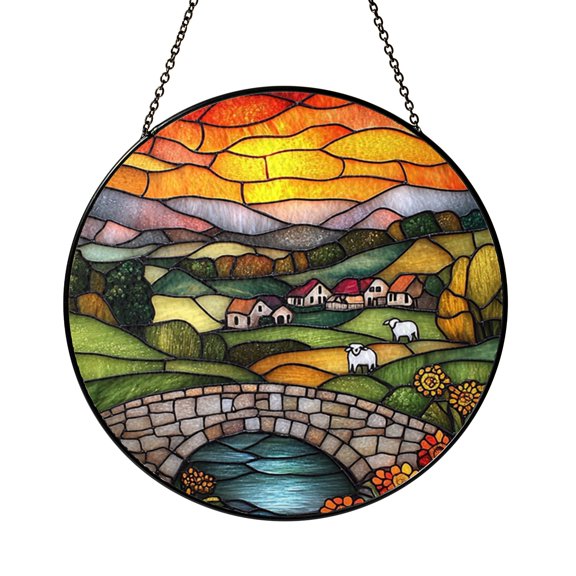 Countryside sheep stained glass suncatcher, mountain sunset window hanging for cottage decor