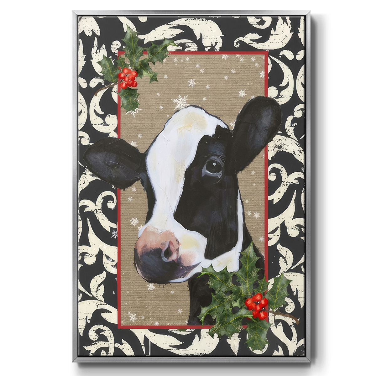 County Christmas Farm I - Framed Gallery Wrapped Holiday Canvas - 17 x 25 - Silver Frame