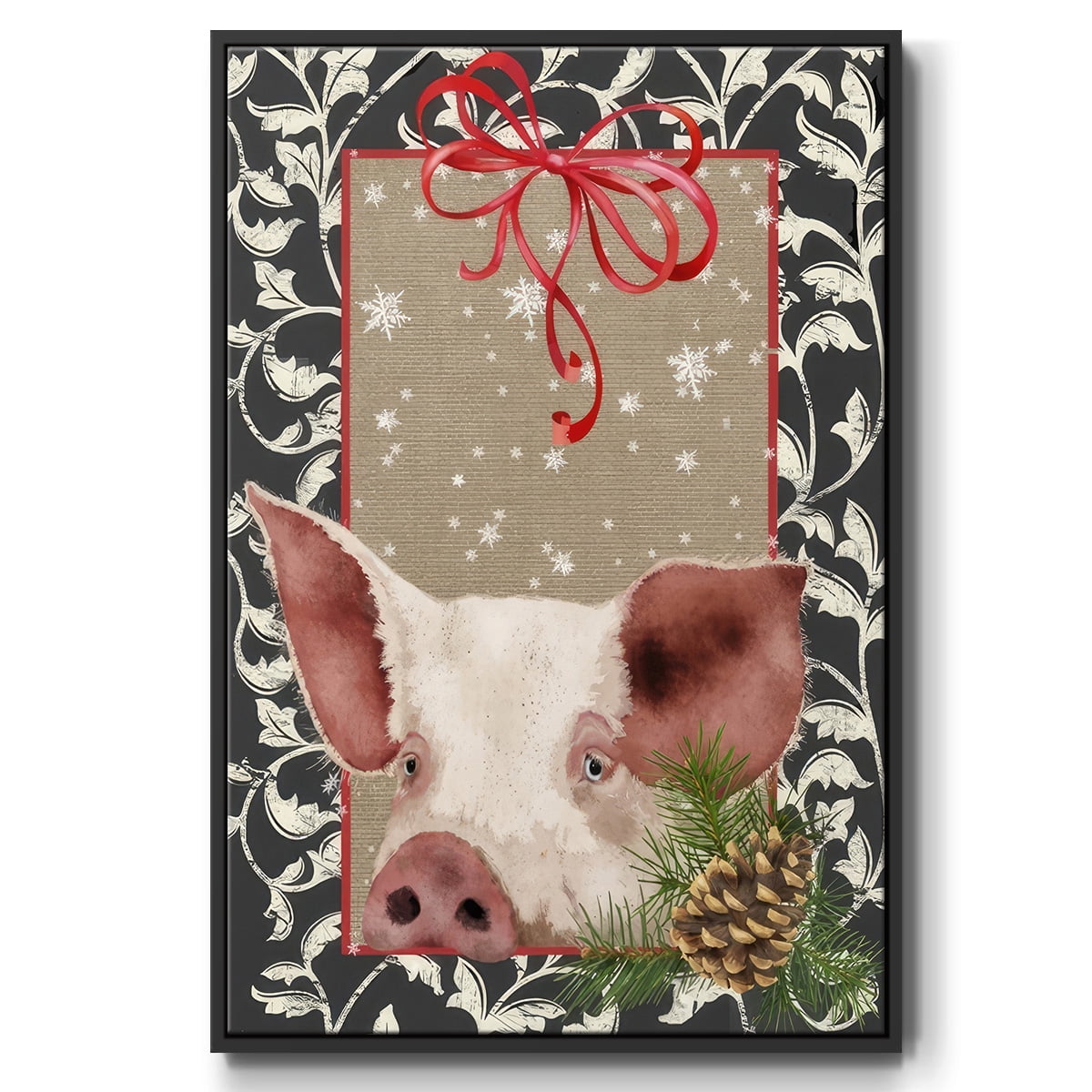 County Christmas Farm II - Framed Gallery Wrapped Holiday Canvas - 25 x 37 - Black Frame