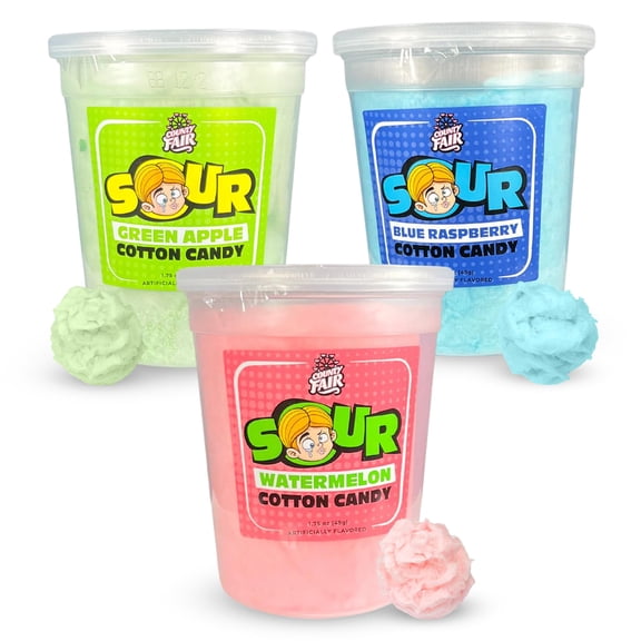 County Fair Sour Cotton Candy Trio Bundle, Tangy Snacks, Ready-to-Eat Blue Raspberry, Green Apple & Watermelon Cotton Candy Treats for Kids/Grown-Ups, Pack of 3 Tubs (1 per Flavor/1.75 oz Ea)