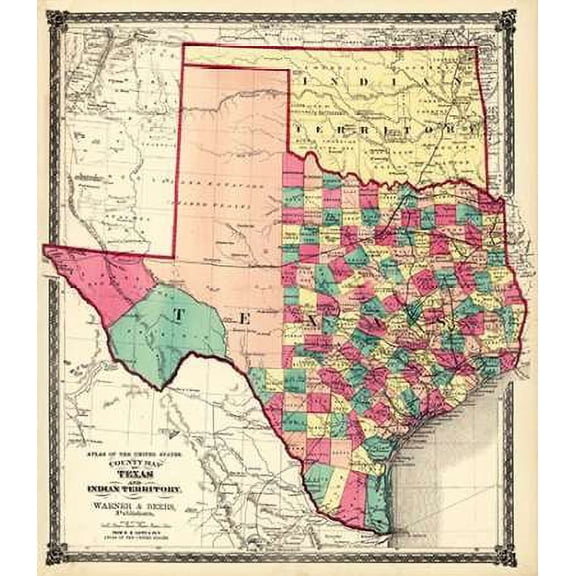 County Map of Texas, and Indian Territory, 1874 Poster Print by H.H. Lloyd and Company (12 x 12)