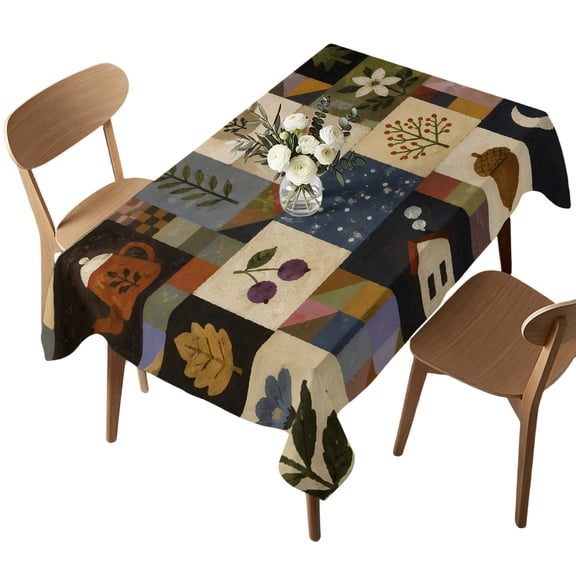 County Patchwork Table Cloth, Waterproof Tablecloth for Rectangle Tables, Farmhouse Cabin Vintage Botanical Plaid Washable Fabric Table Cover for Restaurant Kitchen Dining Tables 52"x70"