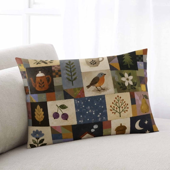County Patchwork Throw Pillow Covers,Farmhouse Cabin Vintage Botanical Plaid Soft Breathable Pillow Cases with Zipper for Sleeping,Queen Size Pillowcases for Couch Bed Sofa Chair 20x30 Inches