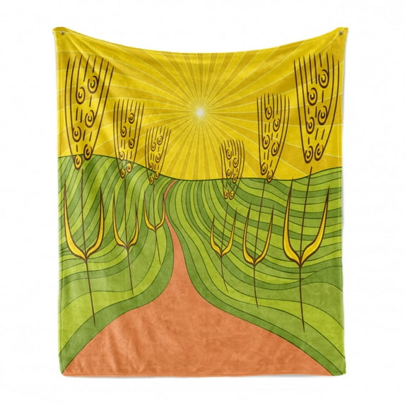 County Soft Flannel Fleece Throw Blanket, Agriculture Themed Farmland with Starburst Lines and Wheat Motifs, Cozy Plush for Indoor and Outdoor Use, 50" x 60", Burnt Sienna Yellow, by Ambesonne