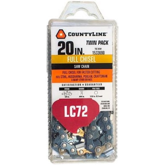 CountyLine 85072NSX2TSC Chainsaw Chains 20 Inch 72 Link Full Chisel 2 Pack