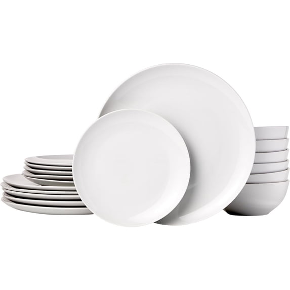 Coupe Dinnerware Set, White Porcelain, Microwave and Dishwasher Safe, 18-Piece, Service for 6