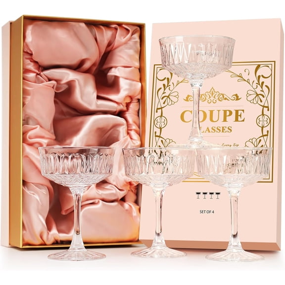 Coupe Glasses, Martini Glasses Set of 4, Vintage Champagne Coupe Glasses, 8oz Large Martini Glass, Crystal Retro Style Cocktail Glass for Elegant Bar Drinks, Vintage Art Deco Glassware