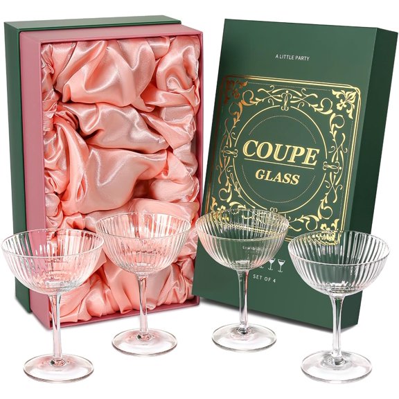 Coupe Glasses Set of 4, Ribbed Crystal Glass Cocktail Glasses with Luxury Box, 8oz Reusable Clear Hand Blown Martini Glasses for Drink, Martini, Espresso Martini, Home Bar, Christmas