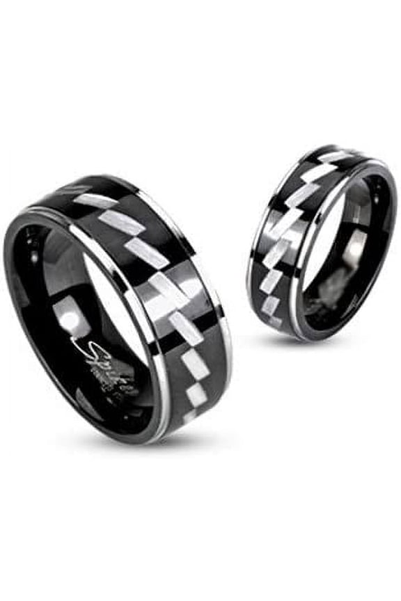 Couple 316L Stainless Steel Black IP 2 Tone Ring with Zagged Brushed Steel Center