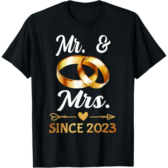 Couple Anniversary Mr & Mrs Since 2023 Marriage Wedding Ring T-ShirtMen's and women's gift, black and white T-shirt, size: Extra large S-4XL