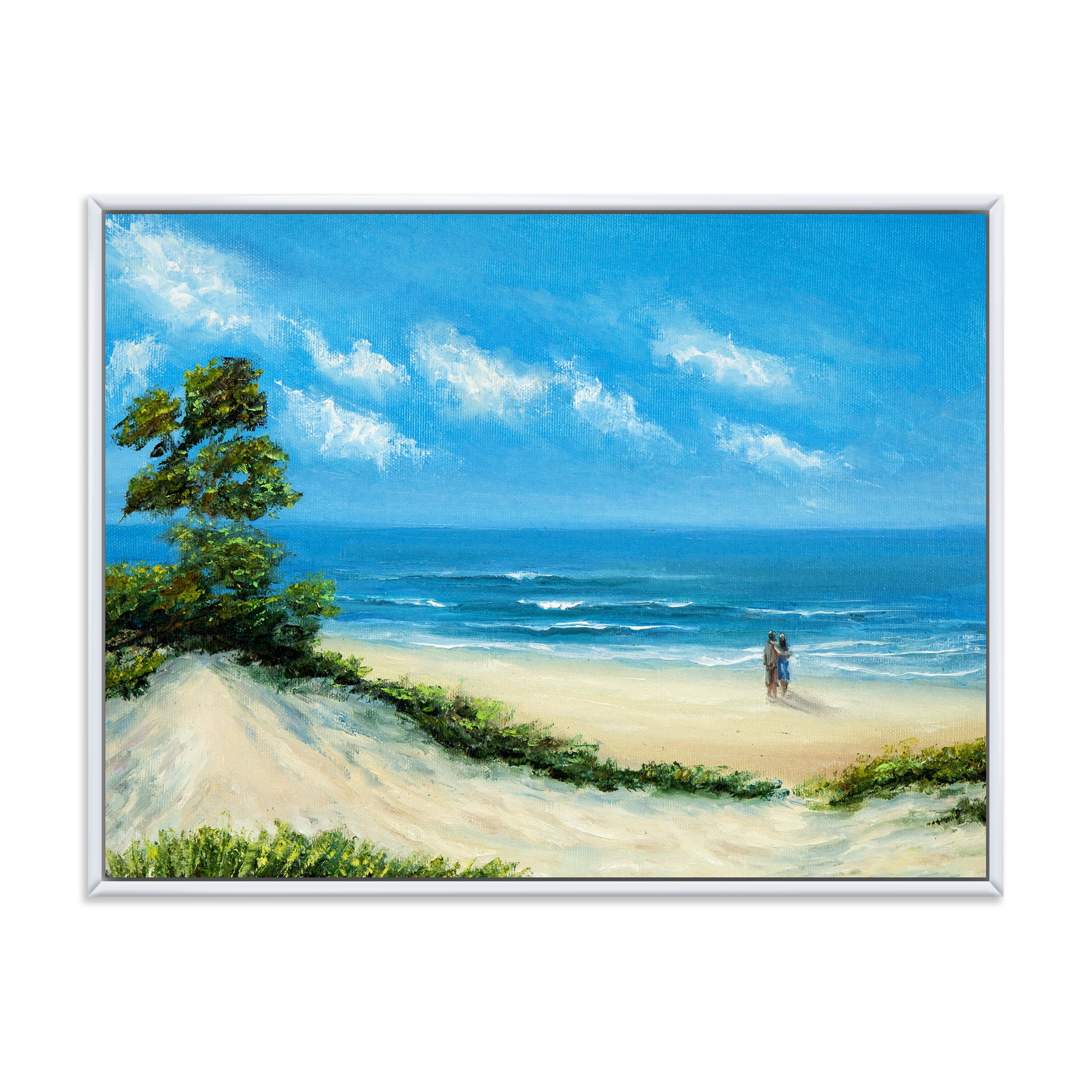 Couple At The Beach In Sunlight 32 in x 16 in Framed Painting Canvas Art Print, by Designart