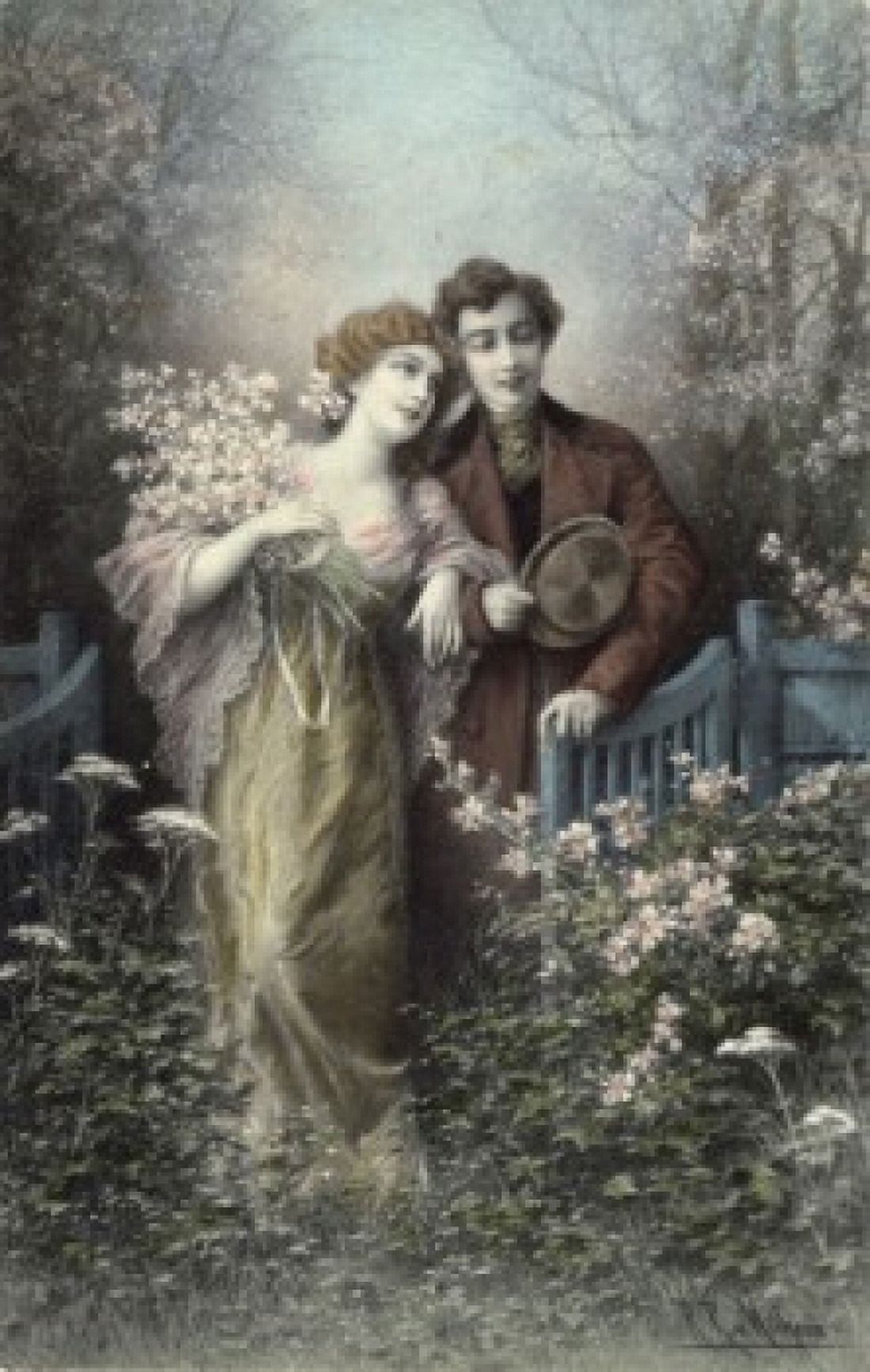 Couple At The Garden Gate ca1900 Color lithograph Canvas Art - (24 x 36)
