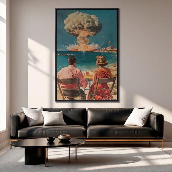 Couple at Atomic Blast Retro Wall Art Beach Nuclear Explosion Art Print Mushroom Cloud Wall Decor Surreal Poster Gift Ready to Hang, Unframed Poster Size 12x18