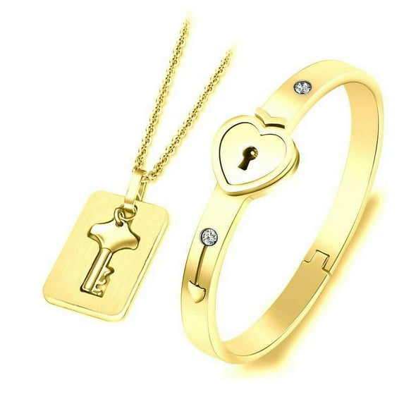Couple Bangle Titanium Steel Lock Bracelet & Key Pendant Necklace Set Lover Gift