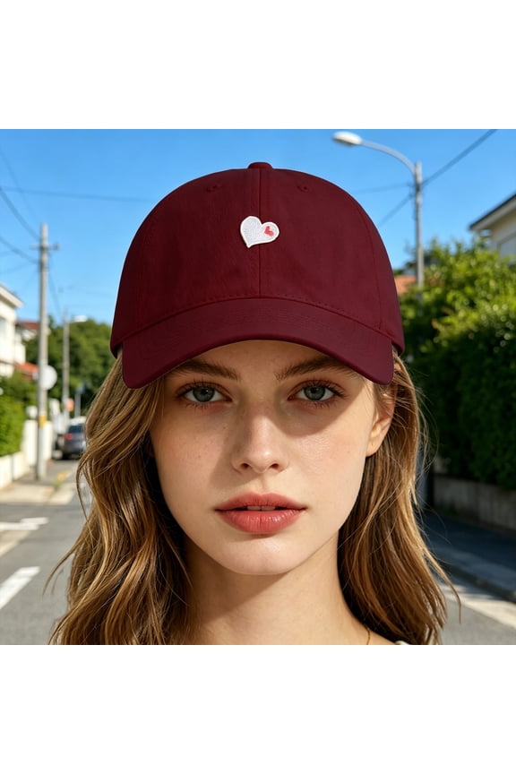 Couple Baseball Caps with Love Heart Embroidery, Matching His and Hers Adjustable Sun Hats for Date Night, Daily Wear, Summer Outdoor Activities, and UV Protection-Wine