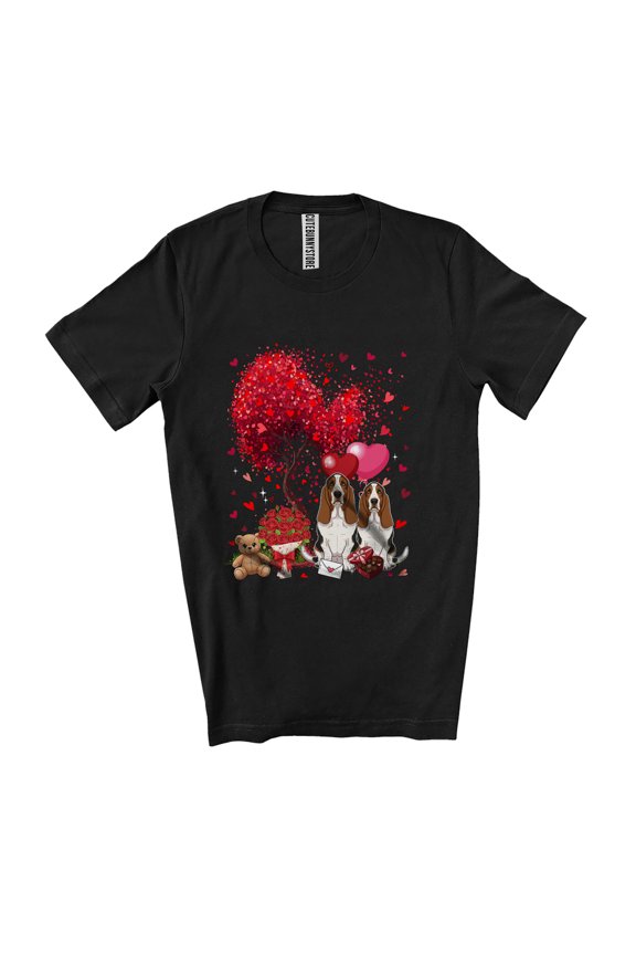 Couple Basset Hound With Hearts Tree; Lovely Valentine's Day Heart Flowers Lover Unisex T-Shirt