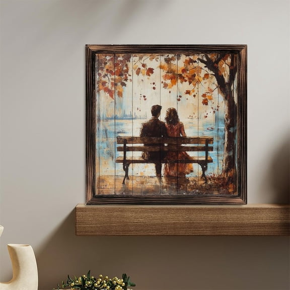 Couple Bench Autumn Painting Wooden Sign Wall Plaque - Vintage Art Decoration, Wall Decoration - Ideal Gift For Home Decoration, Living Room, Bathroom, Bedroom, Garden, Dining, Bar, Cafe, Festival