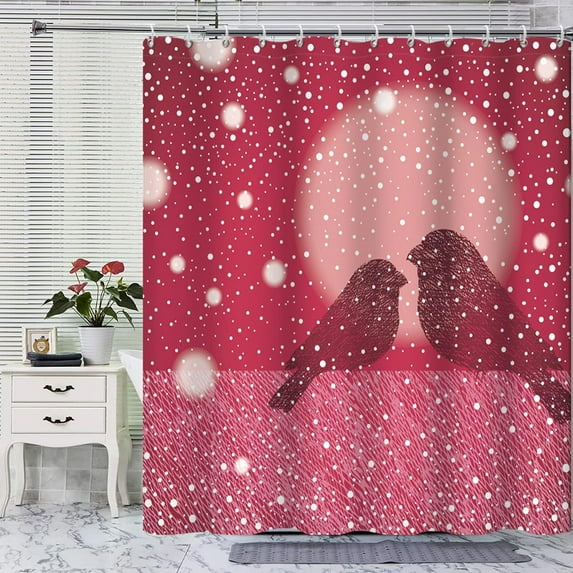 Couple Birds Shower Curtain Snowy White Dots Bird Lovers Romantic Sunrise Red Happy Valentine''s Day Shower Curtain for Bathroom Water Repellent Polyester 72W x 72L inch