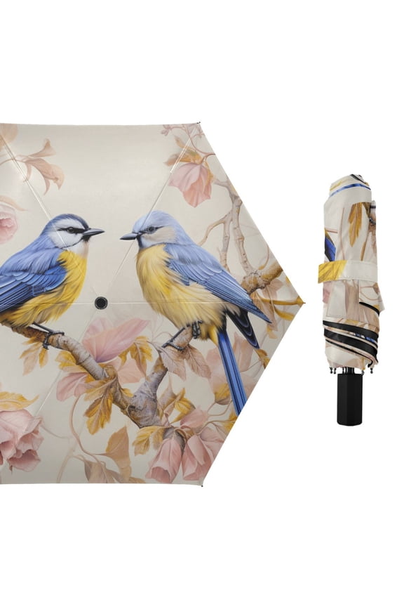 Couple Birds on Branch Compact Sun Umbrella Windproof Travel Umbrellas for Rain Strong Portable UV Protection