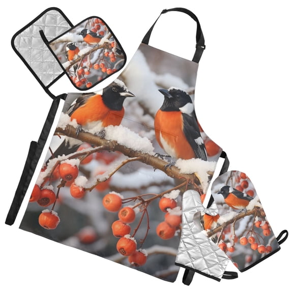 Couple Birds with Berry 5 Pcs Kitchen Set Heat Resistant Oven Mitts and Non-Slip Pot Holders with Adjustable Cooking Apron