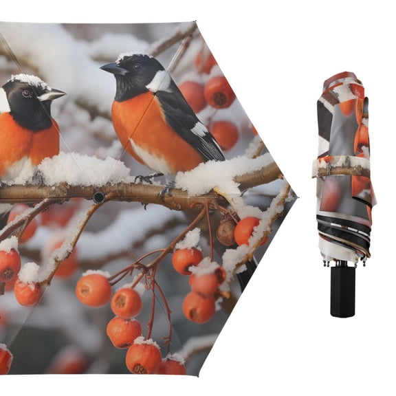 Couple Birds with Berry Compact Sun Umbrella Windproof Travel Umbrellas for Rain Strong Portable UV Protection