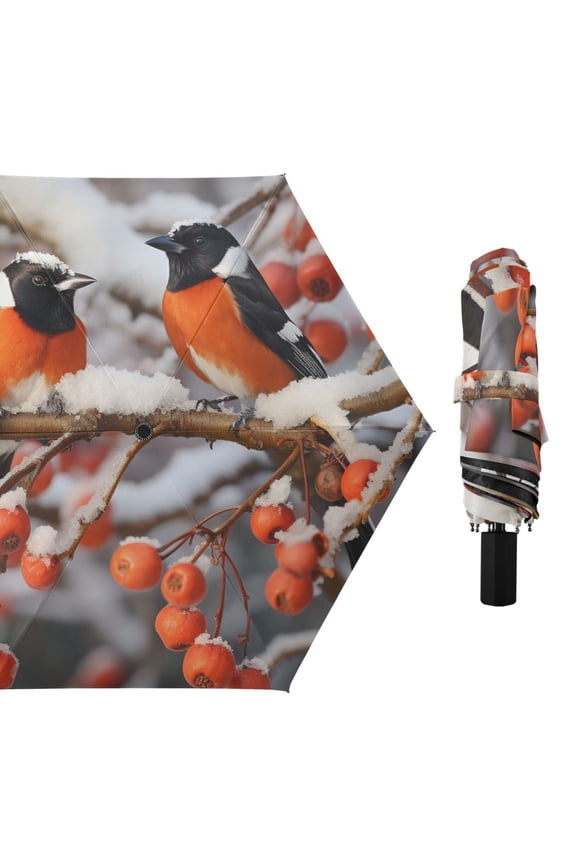 Couple Birds with Berry Compact Sun Umbrella Windproof Travel Umbrellas for Rain Strong Portable UV Protection