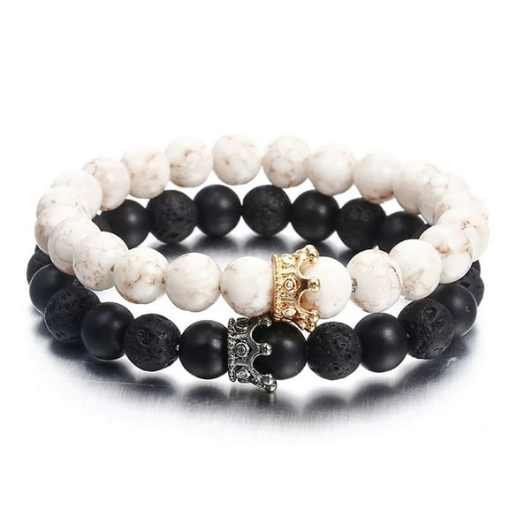 Couple Bracelets Natural Black White Stone Beads Bracelets Crown Bracelets Distance Lover Jewelry Gift for Men Women
